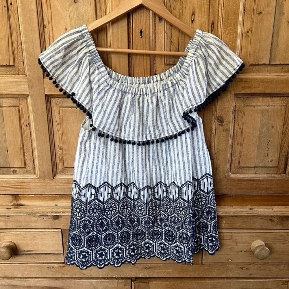 Joy Joy‎ Large White Blue Striped Blouse Off The Shoulder Embrodiered